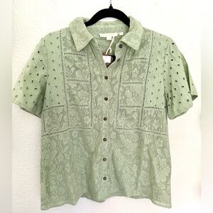 Anthropologie Forever That Girl Green Fern Eyelet Lace Buttondown XS NWT Boho
